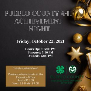 pueblo county achievement night in white letters on black background with gold ribbon and decorations