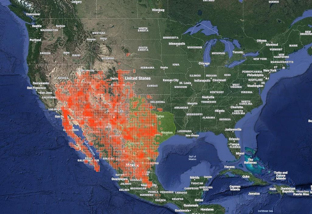 map of the contiguous united states showing red in the southwest and rocky mountains for native plant locations