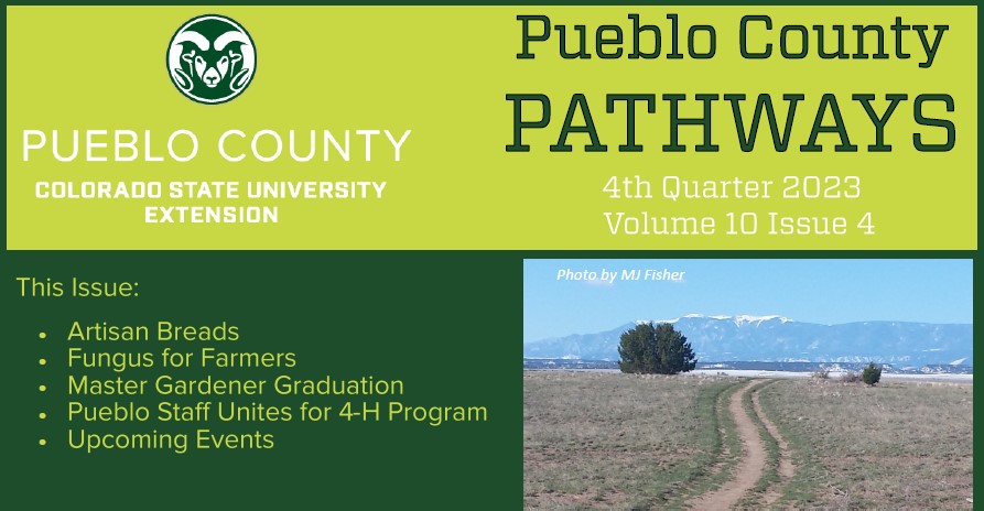 pueblo county pathways cover. this issue - artisan bread, fungus for farmers, master gardener graduation, 4-H updates. Picture of dirt road and snow-capped greenhorn mountains