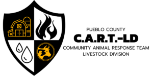Black white and yellow logo in the shape of a shield with images of animals, fire, rain, and a barn with a silo. Pueblo county CART livestock division
