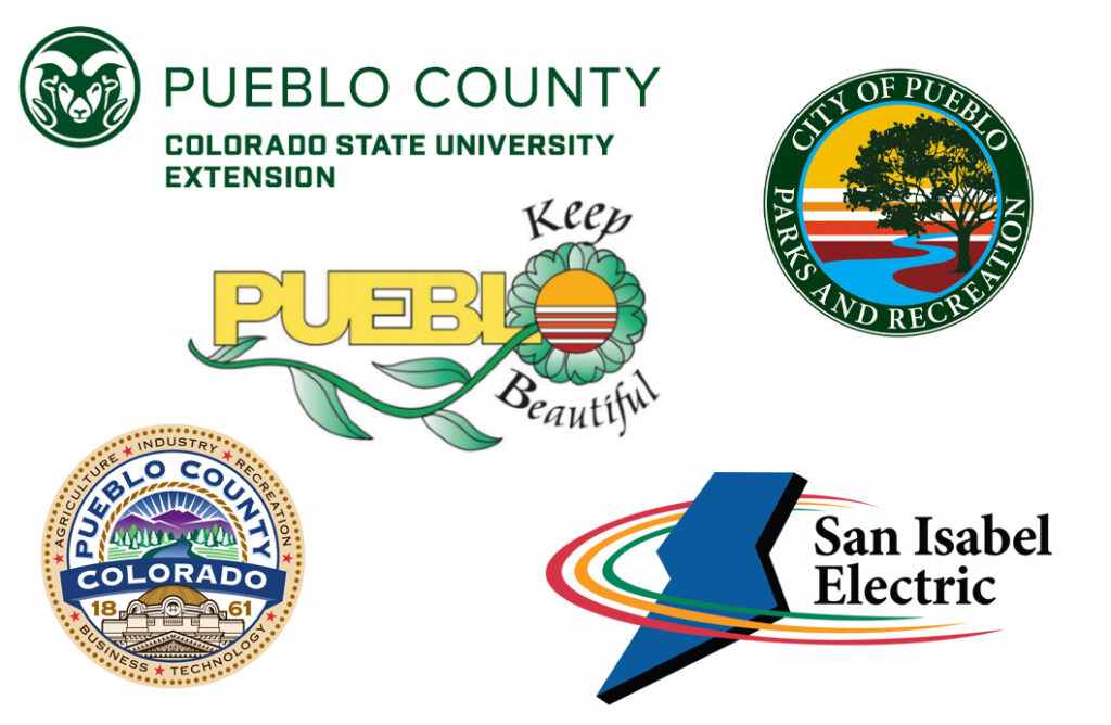 graphic with five logos: Green Pueblo County Extension with CSU Ram; Keep Pueblo Beautiful multicolor logo, city of pueblo parks and rec round logo, county of pueblo logo and san isabel electric with blue lightning bolt logo