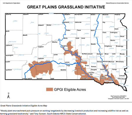 map of south dakota with counties outlined and small areas in the southwest and southeast showing GPGI Eligible acres. the caption says that wood plant encroachment puts pression on working rangelands by decreasing livestock production 
