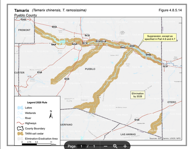 a map of pueblo county with the Arkansas river outlined in brown showing the TARA sale cedar