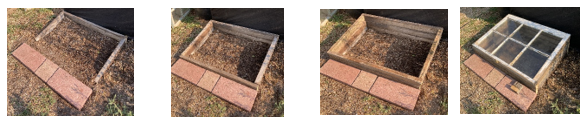 set of four photos showing the progression of construction of a cold frame starting with the basic layout, building of the sides and attaching the glass window